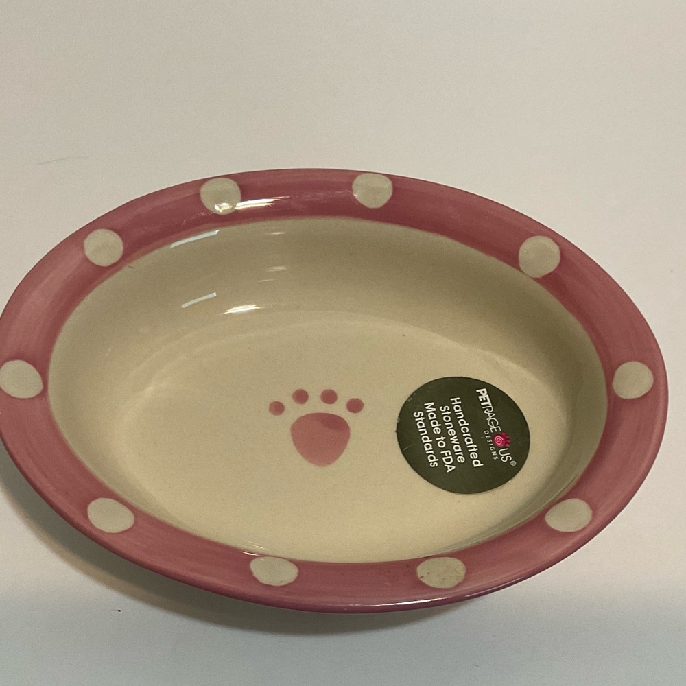 PetRageous Designs Pink POLKA PAWS Oval Pet Food Stoneware Bowl Dish Cat…